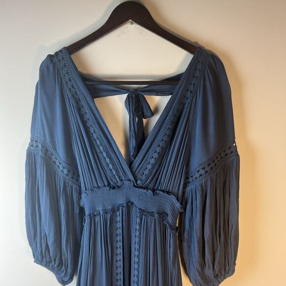Free People Endless Summer Marysia Maxi Dress Blue Vneck Bohemian Crochet S NWOT - Picture 4 of 10